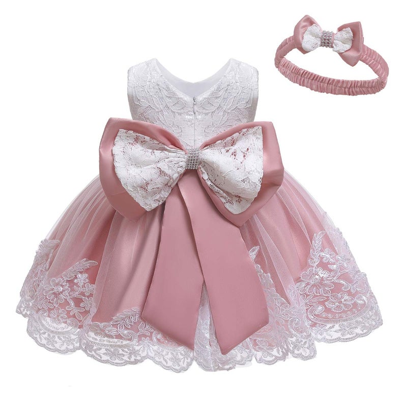LZH Baby Girl's Newborn Tutu Gown Bowknot Christening Baptism Dress Infant Flower Girls Wedding Dresses, Bean Powder, 24M(18-24 Months) - Image 1